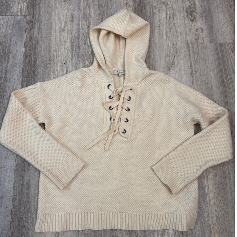Madewell 100% Merino Wool Lace Up Hoodie Sweater CreamKnit Size Medium